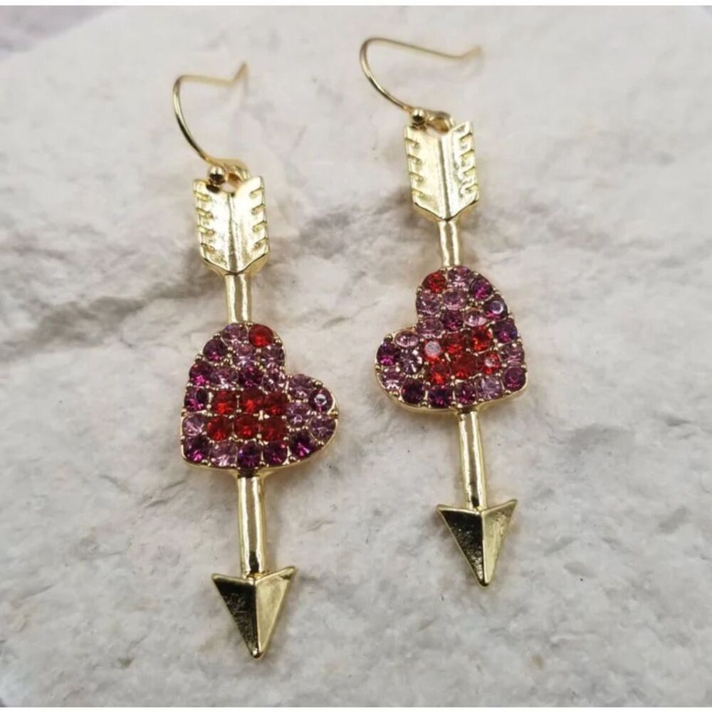 Earrings Heart Arrow Key Dangle Red Pink Gold Jewelry Gift Betsey Johnson Vibes - Picture 2 of 9